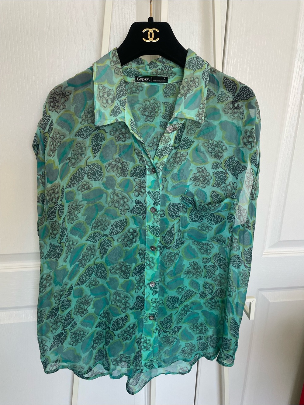 Gypsy 05 Floral Green silk Sheer Button-Down Shirt